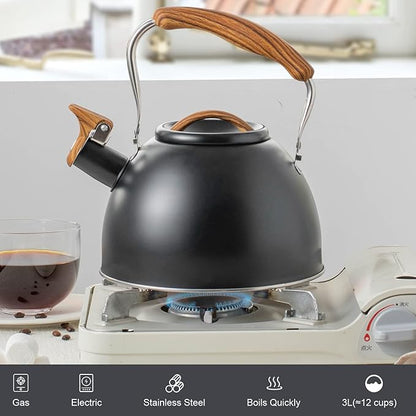 3.2 Quart Whistling Tea Kettle for Stove Top Stainless Steel Tea Pots With Wood Pattern Anti-slip Handle, Black…