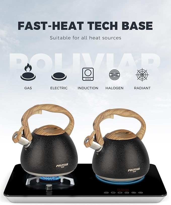 POLIVIAR Tea Kettle, 2.7 Quart Stovetop Tea Kettle, Audible Whistling Teapot with Crackle Finish, Food Grade Stainless Steel for Anti-Rust, Anti Hot Handle, Suitable for All Heat Sources (JX2023-LRB)