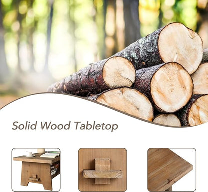 Farmhouse Wood Coffee Table - 43.4” Mid Century Modern Wooden Coffee Tables for Living Room, Solid Firwood Tabletop Rectangle Coffee Table, Center Table for Living Room, Brown