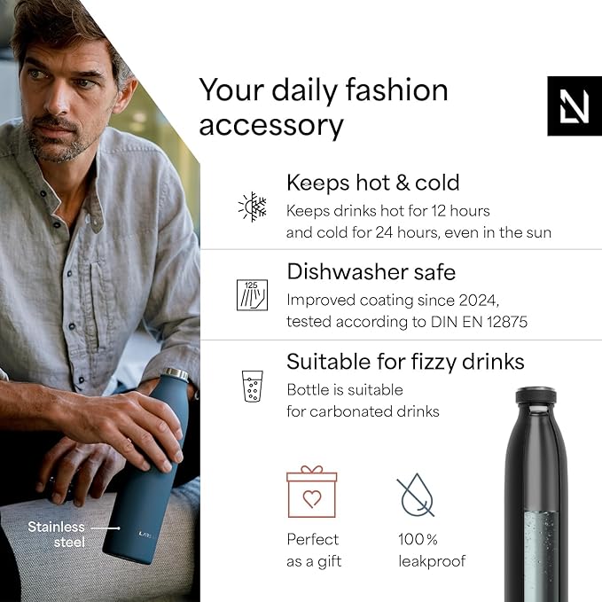 LARS NYSØM Stainless Steel Insulated Water Bottle 12oz 17oz 25oz 34oz 51oz | Insulated Thermo Flask for Hot and Cold Beverages | Leakproof Drinking Bottle (Carbon Black, 33.9oz)