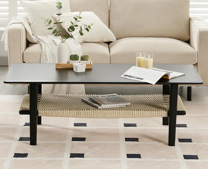chairus Farmhouse Coffee Table Rectangular Living Room Table with Rattan Storage Solid Wood Center Table for Apartment, Home, Office, Black