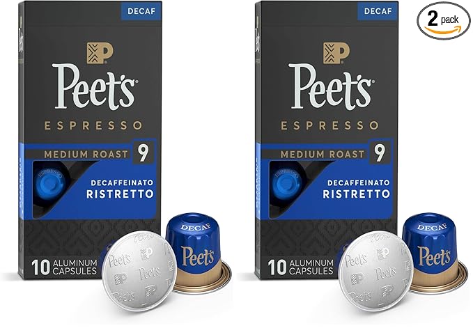 Peet's Coffee Espresso Capsules, Decaffeinato Ristretto Intensity 9 Medium Roast Coffee, 10 Count, Compatible with Nespresso Original Line System (Pack of 2)