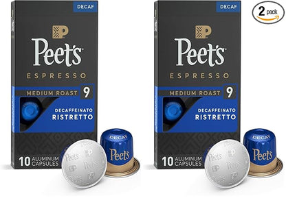Peet's Coffee Espresso Capsules, Decaffeinato Ristretto Intensity 9 Medium Roast Coffee, 10 Count, Compatible with Nespresso Original Line System (Pack of 2)