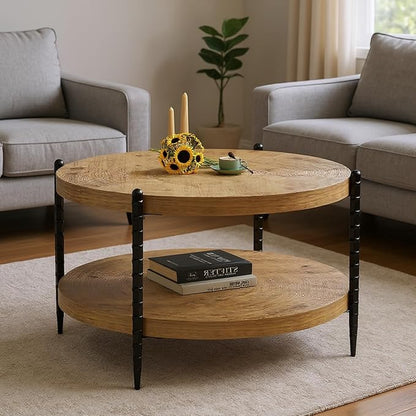 Round Coffee Table for Living Room, Small 2-Tier Circle Coffee Tables with Storage Shelf, Rustic Wood Desktop Modern Design Accent Center Table Home Furniture for Apartment, Brown and Black