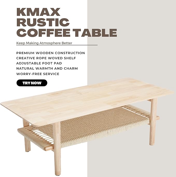 Kmax Coffee Table with Storage, Farmhouse Wood Living Room Tables Rectangular Center Table with Rope Woven/Rattan Storage Shelf for Living Room Reception - Natural Color