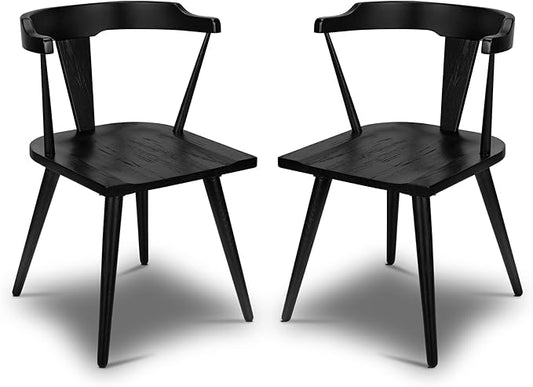 Poly & BARK Mid Century Modern Enzo Black Dining Chair – Solid Oak Wood Splat Back Chair, 18" Seat Height, 32" Tall – Stylish MCM Kitchen & Dining Room Chair - Set of 2