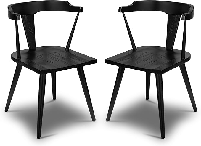 Poly & BARK Mid Century Modern Enzo Black Dining Chair – Solid Oak Wood Splat Back Chair, 18" Seat Height, 32" Tall – Stylish MCM Kitchen & Dining Room Chair - Set of 2