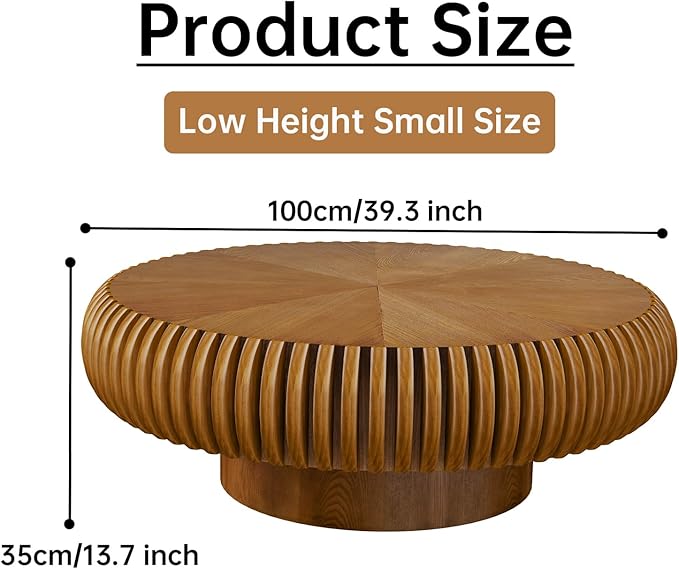Round Coffee Table 39.3" Modern Brown Fluted Coffee Table Low Round Drum Pedestal Coffee Tables for Living Room Farmhouse (Brown 39.3 inch)