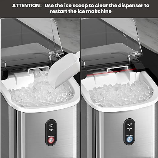 Nugget Ice Maker Countertop with Self-Cleaning Function, Sonic Ice Machine with Handle, Compact Design for Home Use(Stainless Steel Silver)