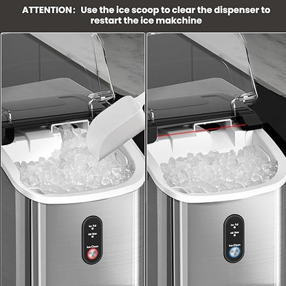 Nugget Ice Maker Countertop with Self-Cleaning Function, Sonic Ice Machine with Handle, Compact Design for Home Use(Stainless Steel Silver)