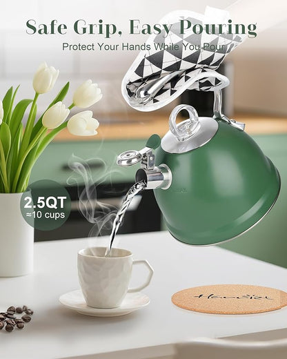 Harriet Tea Kettle Stovetop, 2.5 Quart Whistling Stainless Steel Tea Pot, 3-Layer Base, Unique Ergonomic Handle, Includes Pot Holder & Mat, Electric/Induction/Gas Stovetops Applicable, Green