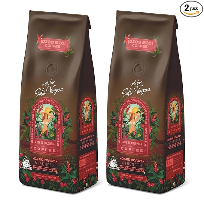 Dios Mio Coffee by Sofia Vergara, Dark Roast, Whole Bean Premium Colombian Coffee, 12 Ounce Bag (Pack of 2)