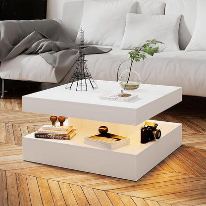 White LED Coffee Table for Living Room, Living Room Table 2-Tier Square Middle Center Table, Modern Coffee Tables with Storage, Wood Tea Tables for Dining Reception, Skin Feeling