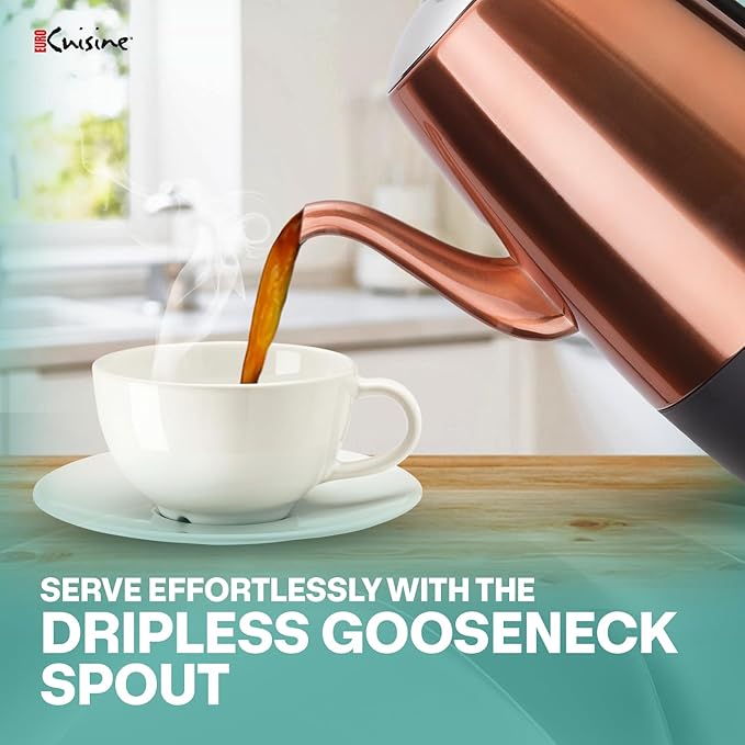 Euro Cuisine PER08 Stainless Steel Electric Coffee Percolator, 8 Cup, Polished Copper Finish, Dripless Gooseneck Spout, Clear Glass Knob, Brewing Indication, Keep-Warm Function, Detachable Cord