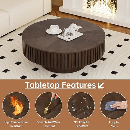 Round Coffee Table with Storage 31.4" Modern Brown Fluted Coffee Table Low Round Storage Drum Pedestal Coffee Tables for Living Room Farmhouse (Brown A 31.4in)