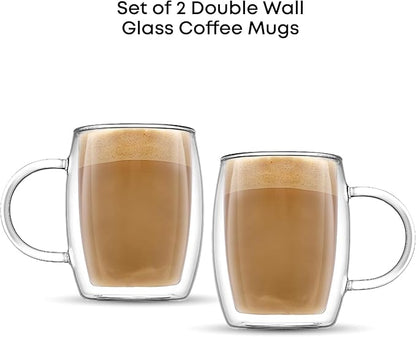 JoyJolt Double Wall Glasses 13.5-Ounce Insulated Mugs Double Walled Glass Cups For Coffee Tea Set of 2