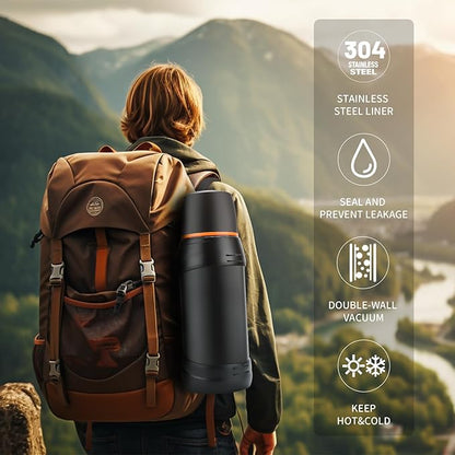 Large Thermosflask- 64oz Stainless Steel Insulated Bottle for Travel with BPA Free Cup - 2.0L Oversized Vacuum Insulated Thermoses with Handle and Strap for Hot & Cold Drinks(Black)