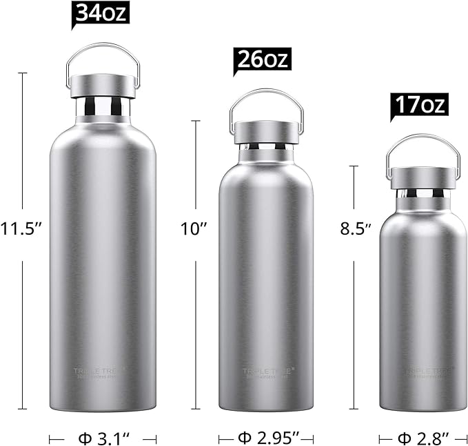Triple Tree 34OZ Vacuum Insulated Stainless Steel Water Bottle, Double Wall Wide Mouth Lids Keeps beverage Hot or Cold Sweat Proof