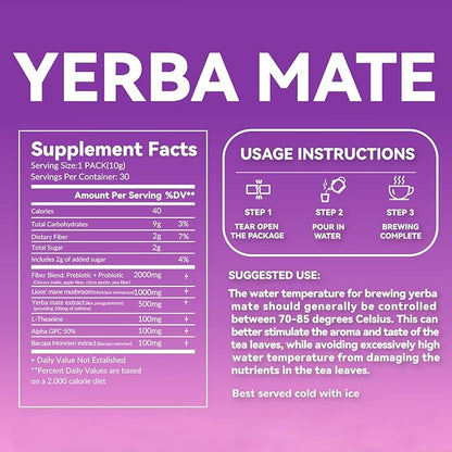 Yerba Mate Instant Tea Powder - Raspberry Peach Flavor - Gut Health & Clean Energy Super Drink with Nootropics, Prebiotics & Probiotics - Energy Boost & Focus - 30 Sticks (300g)