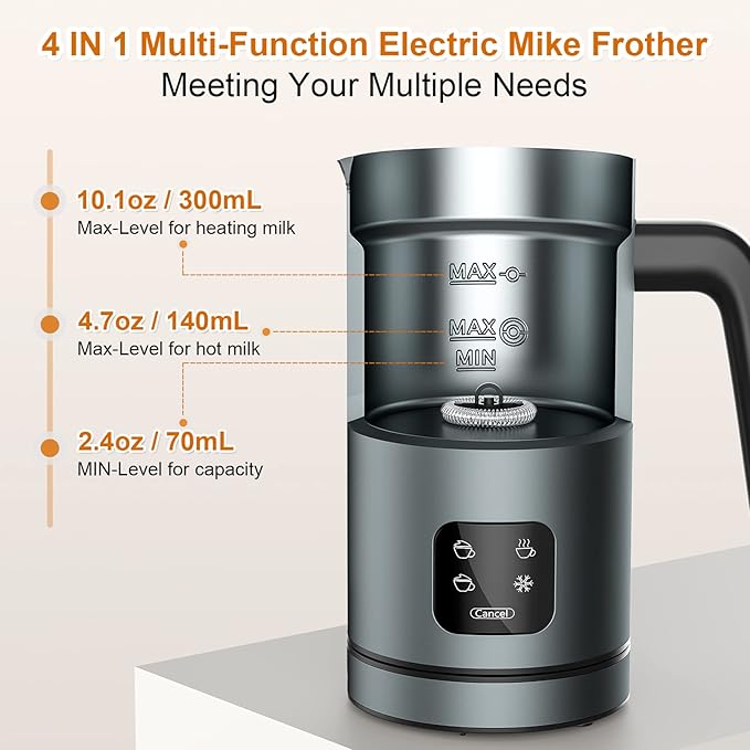 BIZEWO Milk Frother Electric, Warm and Cold Milk Steamer, 4 IN 1 Automatic Milk Warmer Stainless Steel with Touch Screen for Coffee, Latte, Macchiato, Cappuccino, Hot Chocolate
