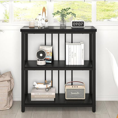 FOLUBAN Bookshelf, Modern 3 Tier Bookcase, Wood and Metal Book Shelves for Living Room Office Bedroom, Rustic Black Oak