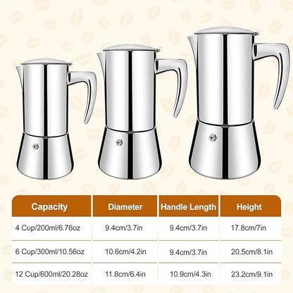 No Coating 4 Cup Thickened 304 Stainless Steel Moka Pot Stovetop Espresso Maker Italian Coffee Machine 200ml 6.8oz Suitable for Gas Induction Stovetop Greca Coffee Maker Percolator