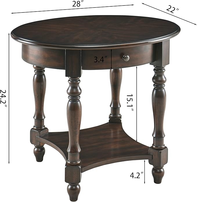 Solid Wood Oval End Table with Drawer and Storage Shelf, 28" Traditional Retro Side Table Polished Edging Sofa Table Bedside Nightstand for Living Room Bedroom Home, Vintage Walnut