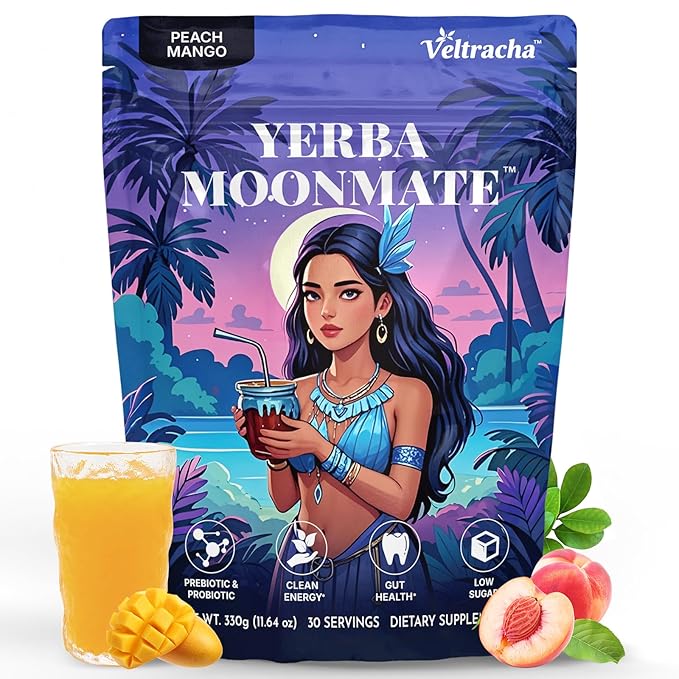 Yerba Mate Instant Tea Powder, 4-in-1 Functional Yerba Extract with Prebiotics & Probiotics, Low Sugar Clean Energy Drink for Focus, Gut Health & Reduce Brain Fog, Peach Mango - 30 Servings
