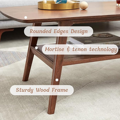 Wood Coffee Table - 100% Solid Oak Wood - Double Storage Coffee Table, Eco-Friendly Finish Center Table - Easy Assembly (Walnut, 47.24" D x 22.04" W x 17.32" H)