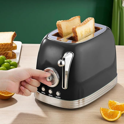 Glossy Black Cute Retro Toaster 2 Slice with 1.58" Wide Slots, Bread toaster with Cover and Warm Rack, Stainless Steel Toaster with Removable Crumb Tray, Preheat, Defrost, Cancel Function