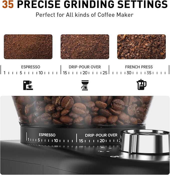 Secura Stainless Steel Conical Burr Coffee Grinder – 35 Grind Settings, 2-12 Cup Capacity, 8.8 oz Bean Storage, One-Touch Operation
