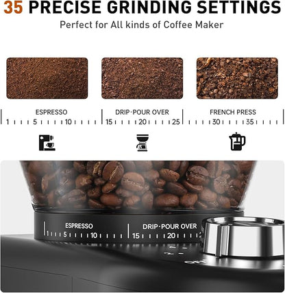 Secura Stainless Steel Conical Burr Coffee Grinder – 35 Grind Settings, 2-12 Cup Capacity, 8.8 oz Bean Storage, One-Touch Operation
