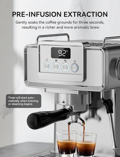 Espresso Machine 20 Bar, Stainless Steel Espresso Maker Professional Coffee Maker with Power Steam & LED Display for Home Barista, Americano, Latte, Cappuccino Machine, 1.8L Water Tank