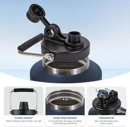 1 Gallon Water Jug Bottle Insulated with Straw, 128oz Stainless Steel Water Bottle Jug Wide Mouth Double Vacuum Dishwasher Safe BPA Free for Hot & Cold Drinks Navy Blue