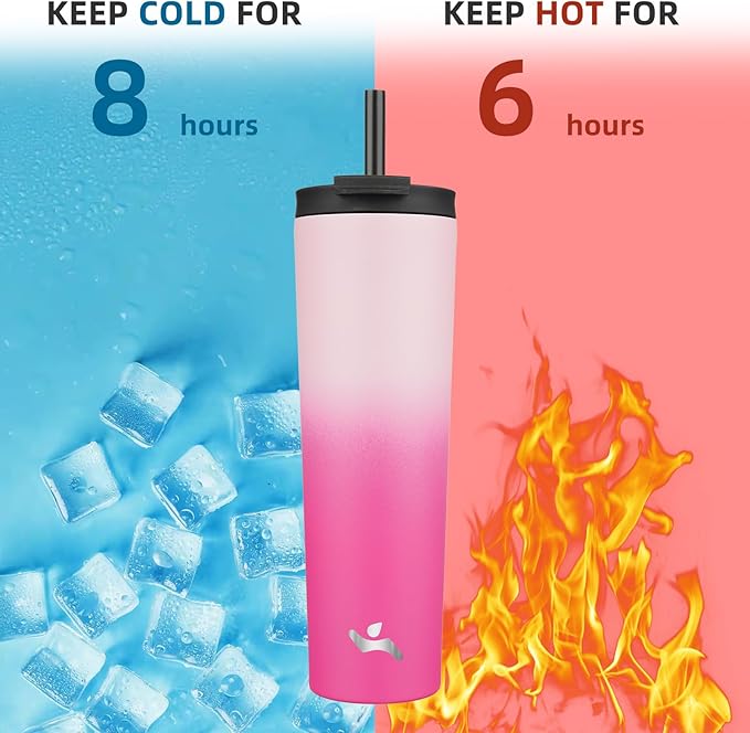 34 OZ Insulated Tumbler with Lid and 2 Straws Stainless Steel Water Bottle Vacuum Travel Mug Coffee Cup,Cherry