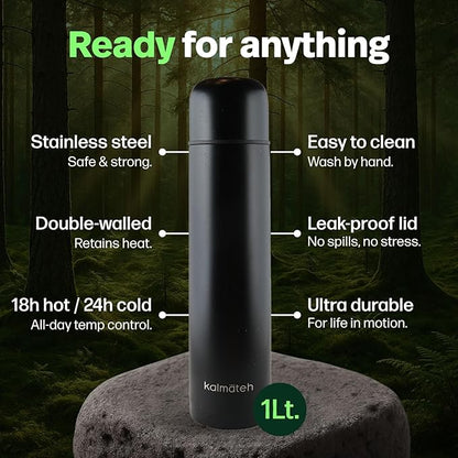 KALMATEH Modern & Elegant Double Walled Vacuum Insulated Stainless Steel Thermo Bottle 1000 ml, Precise Pouring & Heat Retention For Yerba Mate, Coffee, Tea, and Camping