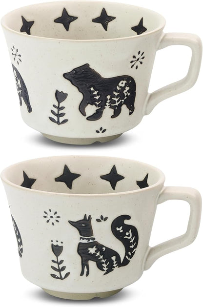 Ceramic Coffee Mug, 12 oz Novelty Unique Teacup with Handle, Stoneware Cup for Tea Mocha Latte Cappuccino Espresso (Set of 2, Fox and Bear)