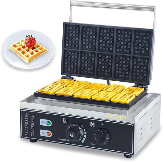 Commercial Rectangle Waffle Maker, 10pcs Waffle Iron, Non-Stick Industrial Belgian Waffle Maker Stainless Steel 110V Temp and Time Control, Suitable for Restaurant Bakeries Snack Bar Family