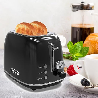 Toaster 2 slice,Retro Stainless Steel Toaster with 6 Settings, 1.5 In Extra Wide Slots, Bagel/Defrost/Cancel Function, Removable Crumb Tray (Dark)