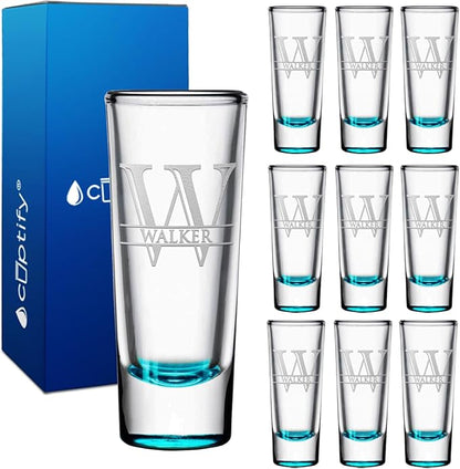 Personalized Shot Glasses Set of 10 Teal Bottom Custom 2 oz Cordial Shot Glass Initial and Name for Gifts, Weddings, Birthdays, Party, Event, Decorations