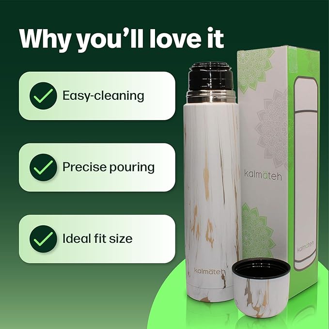KALMATEH Modern & Elegant Double Walled Vacuum Insulated Stainless Steel Thermo Bottle 1000 ml, Precise Pouring & Heat Retention For Yerba Mate, Coffee, Tea, and Camping