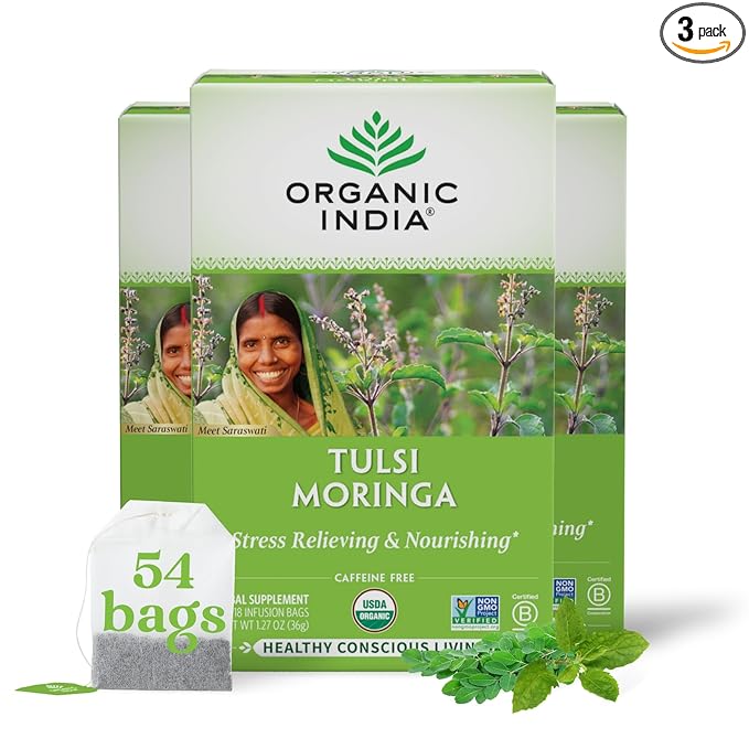 ORGANIC INDIA Tulsi Moringa Tea Bags- Holy Basil, Lemongrass, Moringa Leaves, Calming Immune Support Tea, USDA Organic, Caffeine Free- 18 Bags, 3 Pack