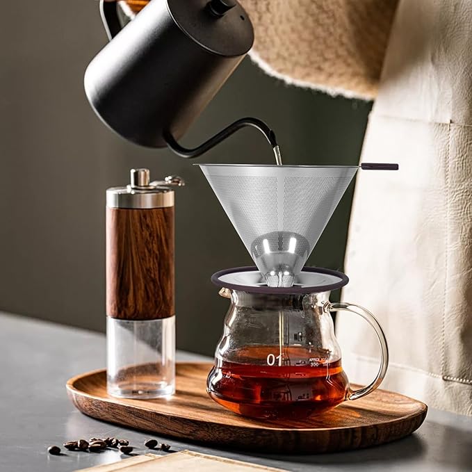 Pour Over Coffee Dripper, Paperless Pour Over Coffee filter, Stainless Steel Reusable Coffee Filters with Double Layer Mesh, Coffee Strainer Cup Stand & Cleaning Brush