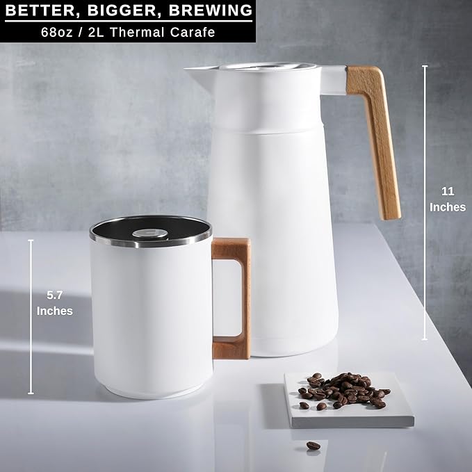 HASTINGS 68 Oz Pour Over Coffee Maker Set with Double Layer Reusable Stainless Steel Filter 8-Cup and Wood Handle - Dual Wall Heat Resistant Drip Coffee Brewer, Pour Over Coffee Dripper Carafe, White