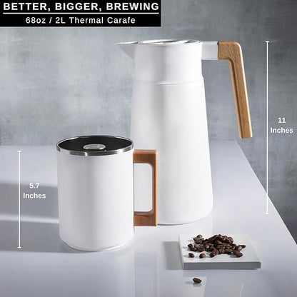 HASTINGS 68 Oz Pour Over Coffee Maker Set with Double Layer Reusable Stainless Steel Filter 8-Cup and Wood Handle - Dual Wall Heat Resistant Drip Coffee Brewer, Pour Over Coffee Dripper Carafe, White
