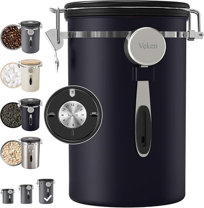 Veken Coffee Canister, 39OZ Large, Airtight Stainless Steel Food Storage Container for 2.2lbs Coffee Beans, Ground, Sugar, Tea, Flour, Cereal, Kitchen Bar Accessories with Date Tracker & Scoop, Black