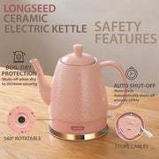 1.2 Liters Ceramic Electric Kettle Pot, Boil Water Quickly and Easily with Boil-Dry Protection, Auto Shut Off, Detachable Swivel Base, Graceful Gooseneck Teapot 1000W, Pink