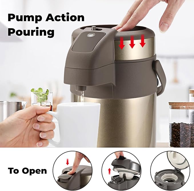 OJOJ 4L/133OZ Thermal Coffee Carafe with Pump, Thermal Beverage Dispenser, Coffee Airpot Stainless Steel Coffee Carafe for Hot Drinks Gold
