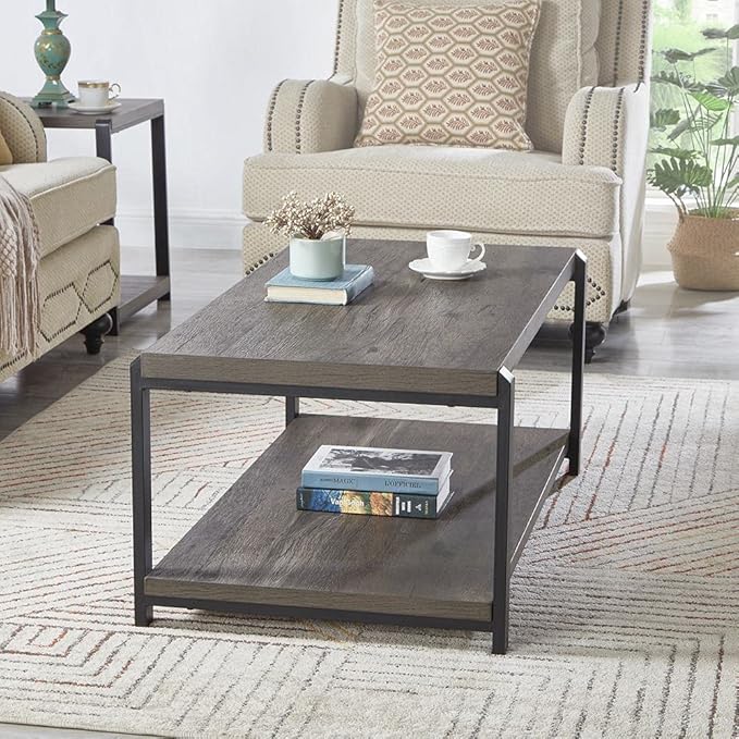EXCEFUR Coffee Table with Storage Shelf, Rustic Wood and Metal Cocktail Table for Living Room, Grey