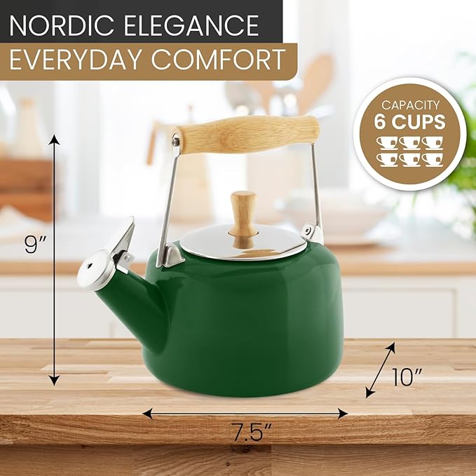 Chantal SVEN Enamel on Steel Whistling Teakettle with Natural Wood handle, 1.4 quarts (Forest Green)